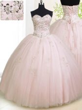 Clearance Floor Length Baby Pink Quinceanera Gowns Tulle Sleeveless Beading and Appliques