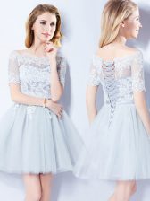 Clearance Off the Shoulder Light Blue Lace Up Quinceanera Court of Honor Dress Lace Short Sleeves Mini Length