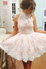 Cute High-neck Sleeveless Prom Evening Gown Mini Length Lace Champagne Tulle