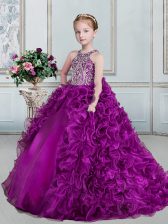 Superior Scoop Floor Length Lace Up Child Pageant Dress Eggplant Purple for Quinceanera and Wedding Party with Beading and Ruffles