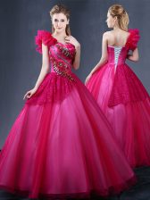 Modern One Shoulder Sleeveless Lace Up Floor Length Lace and Appliques and Ruffles Sweet 16 Dresses