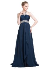 Elegant Blue Empire Chiffon Strapless Sleeveless Beading Floor Length Backless Prom Evening Gown