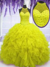 Customized Yellow Ball Gowns High-neck Sleeveless Organza Floor Length Lace Up Beading and Ruffles Quinceanera Gowns