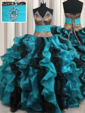  Leopard Two Tone Multi-color Quinceanera Gown Military Ball and Sweet 16 and Quinceanera with Beading and Ruffles V-neck Sleeveless Lace Up