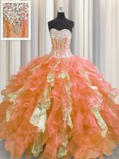 Romantic Visible Boning Multi-color Lace Up Sweetheart Beading and Ruffles and Sequins Sweet 16 Dress Organza and Sequined Sleeveless