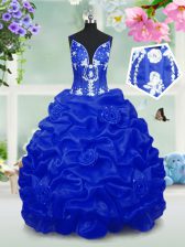  Royal Blue Sleeveless Beading and Pick Ups Floor Length Teens Party Dress