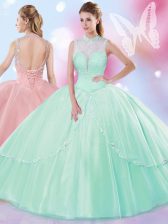  Tulle High-neck Sleeveless Lace Up Beading Quince Ball Gowns in Apple Green