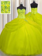 Enchanting Really Puffy Yellow Green Sleeveless Tulle Lace Up Vestidos de Quinceanera for Military Ball and Sweet 16 and Quinceanera