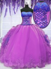  Purple Strapless Lace Up Embroidery and Ruffles Vestidos de Quinceanera Sleeveless