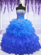 Pretty Blue Organza Lace Up Strapless Sleeveless Floor Length 15 Quinceanera Dress Beading and Ruffled Layers and Pick Ups