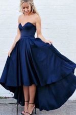  Satin Sweetheart Sleeveless Zipper Pleated Prom Evening Gown in Navy Blue