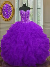 Custom Designed Organza Sweetheart Sleeveless Lace Up Beading and Ruffles Quinceanera Dress in Purple