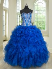 Wonderful Sleeveless Organza Floor Length Lace Up 15 Quinceanera Dress in Royal Blue with Beading and Ruffles