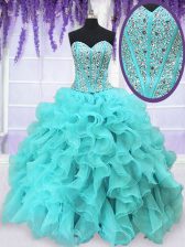  Sweetheart Sleeveless Organza 15 Quinceanera Dress Beading and Ruffles Lace Up
