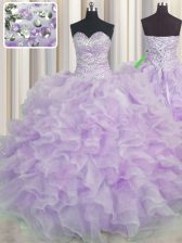  Lavender Sleeveless Organza Lace Up Quinceanera Dresses for Military Ball and Sweet 16 and Quinceanera