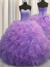 Spectacular Lavender Lace Up 15th Birthday Dress Beading and Ruffles Sleeveless Floor Length