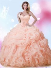  Pick Ups Peach Sleeveless Organza Brush Train Lace Up 15 Quinceanera Dress for Military Ball and Sweet 16 and Quinceanera
