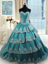  Sweetheart Sleeveless Quinceanera Gowns With Train Beading and Appliques and Ruffled Layers Teal Taffeta