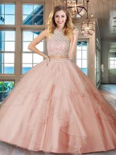 Fashionable Pink Two Pieces Halter Top Sleeveless Tulle Floor Length Backless Beading and Ruffles Sweet 16 Dress
