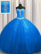  Sleeveless Tulle and Sequined With Train Court Train Lace Up Quinceanera Dresses in Blue with Beading and Appliques