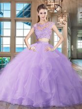 Gorgeous Scoop Lavender Cap Sleeves Brush Train Beading and Appliques and Ruffles With Train Quinceanera Dress