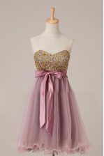  Pink A-line Sashes ribbons and Sequins Prom Evening Gown Zipper Tulle Sleeveless Knee Length