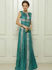  Scoop Teal Tulle Zipper Prom Dresses Sleeveless Floor Length Beading and Sequins