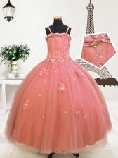 Popular Floor Length Zipper Little Girl Pageant Dress Watermelon Red for Party and Wedding Party with Beading and Appliques