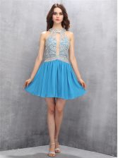 Custom Fit Halter Top Sleeveless Zipper Prom Party Dress Baby Blue Chiffon