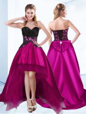 Captivating Sleeveless Satin High Low Lace Up Homecoming Dress in Fuchsia with Appliques