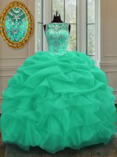  Scoop Floor Length Apple Green Quince Ball Gowns Organza Sleeveless Beading and Pick Ups