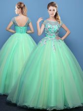 Clearance Scoop Tulle Cap Sleeves Floor Length Quinceanera Dress and Appliques