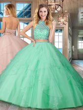 Affordable Halter Top Apple Green Tulle Backless Quince Ball Gowns Sleeveless Floor Length Beading and Ruffles