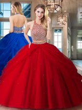 Stunning Tulle Halter Top Sleeveless Backless Beading and Pick Ups Quinceanera Gowns in Red