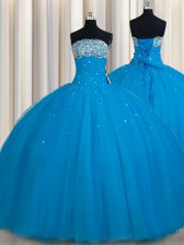 Custom Design Really Puffy Teal Strapless Neckline Beading and Sequins Quince Ball Gowns Sleeveless Lace Up