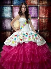 Fantastic Floor Length Lace Up Sweet 16 Dresses Fuchsia for Military Ball and Sweet 16 and Quinceanera with Embroidery and Ruffled Layers