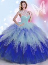  High-neck Sleeveless 15 Quinceanera Dress Floor Length Beading and Ruffles Multi-color Tulle