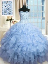  Sleeveless Floor Length Beading and Ruffles and Sequins Lace Up Sweet 16 Dress with Light Blue