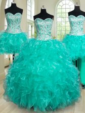 Sweet Four Piece Turquoise Sweet 16 Quinceanera Dress Military Ball and Sweet 16 and Quinceanera with Beading and Ruffles Sweetheart Sleeveless Lace Up