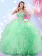  Apple Green Lace Up Sweetheart Beading and Ruffles Vestidos de Quinceanera Tulle Sleeveless