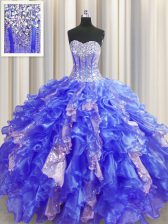Extravagant Visible Boning Royal Blue Lace Up Sweetheart Beading and Ruffles and Sequins Quince Ball Gowns Organza and Sequined Sleeveless