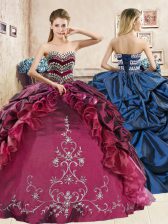 Affordable Sleeveless Organza and Taffeta Floor Length Lace Up Quinceanera Gown in Red and Royal Blue with Beading and Embroidery and Pick Ups