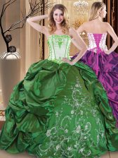  Green Taffeta Lace Up Strapless Sleeveless Floor Length Sweet 16 Dress Embroidery