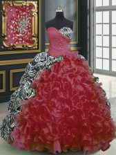  Printed Wine Red Sleeveless Brush Train Beading and Ruffles and Pattern With Train 15 Quinceanera Dress