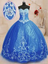 Ideal Blue Tulle Lace Up 15 Quinceanera Dress Sleeveless Floor Length Beading and Appliques
