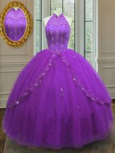Flirting Purple Ball Gowns Beading and Appliques Sweet 16 Quinceanera Dress Lace Up Tulle Sleeveless Floor Length