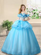 Chic Off the Shoulder Baby Blue Organza Lace Up Ball Gown Prom Dress Sleeveless Floor Length Beading and Appliques