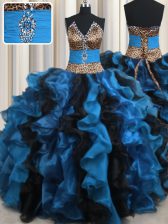 High Quality Leopard Two Tone V Neck Blue And Black Organza and Printed Lace Up Sweet 16 Quinceanera Dress Sleeveless Floor Length Beading and Ruffles