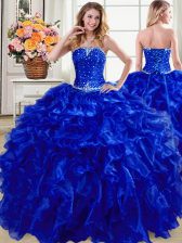 High End Royal Blue Organza Lace Up Strapless Sleeveless Floor Length Sweet 16 Dresses Beading and Ruffles