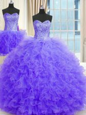 Customized Three Piece Tulle Strapless Sleeveless Lace Up Beading and Ruffles Ball Gown Prom Dress in Lavender